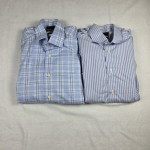 David Donahue Dress Shirt Lot (2) Men's 15.5 Blue Plaid Stripe Cotton‎ Button-Up